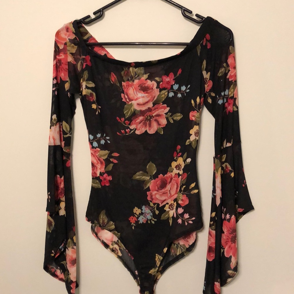 Sheer Floral Bell sleeve body suit